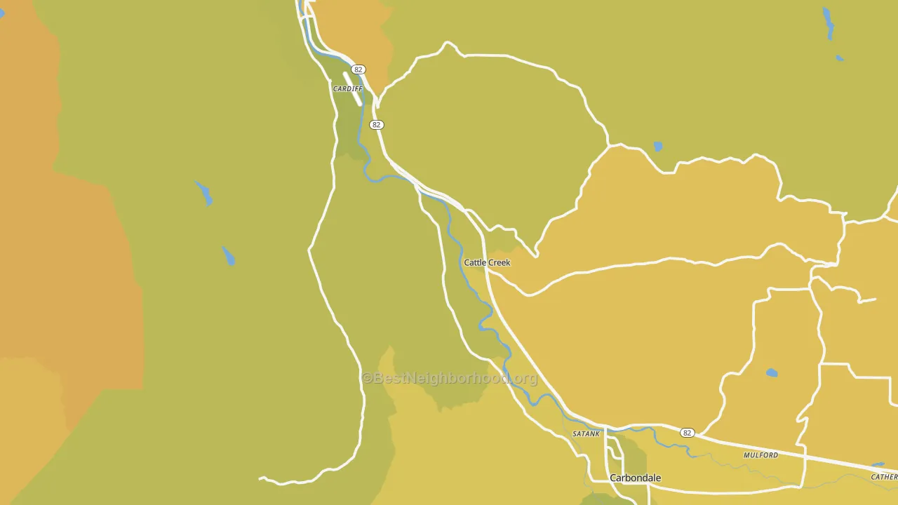 Map of the best neighborhoods in the Cattle Creek area, with better matches in green and worse matches in red