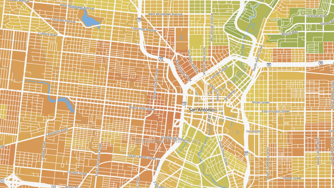 Map of the best neighborhoods in the Cattleman Square, San Antonio area, with better matches in green and worse matches in red