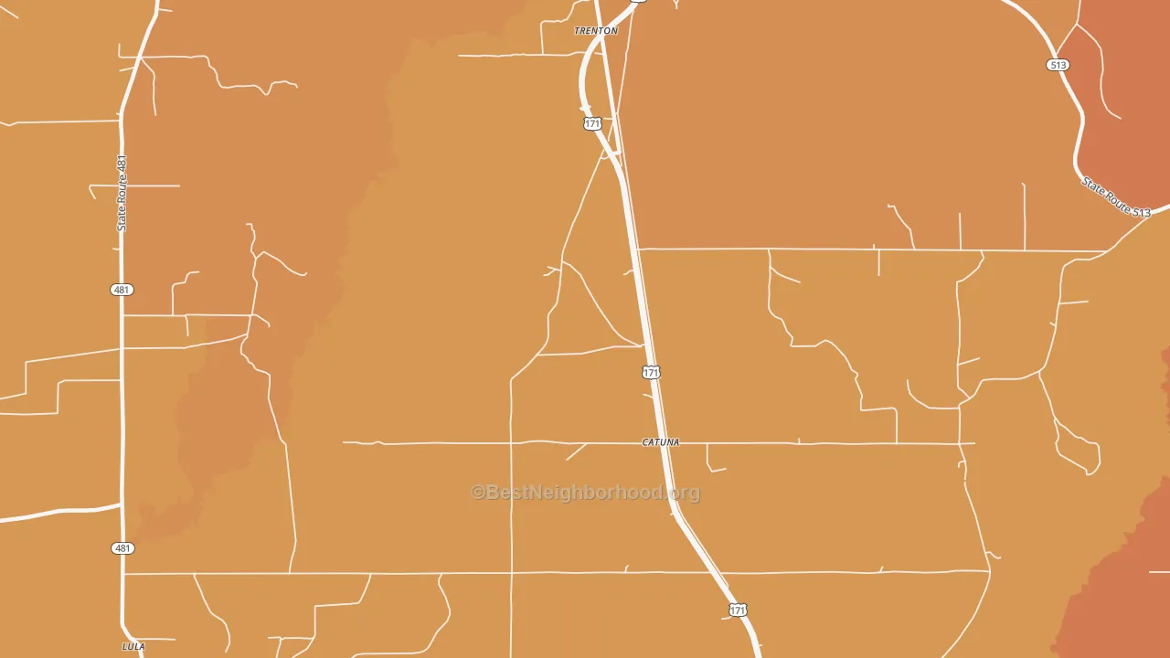 Map of the best neighborhoods in the Catuna area, with better matches in green and worse matches in red