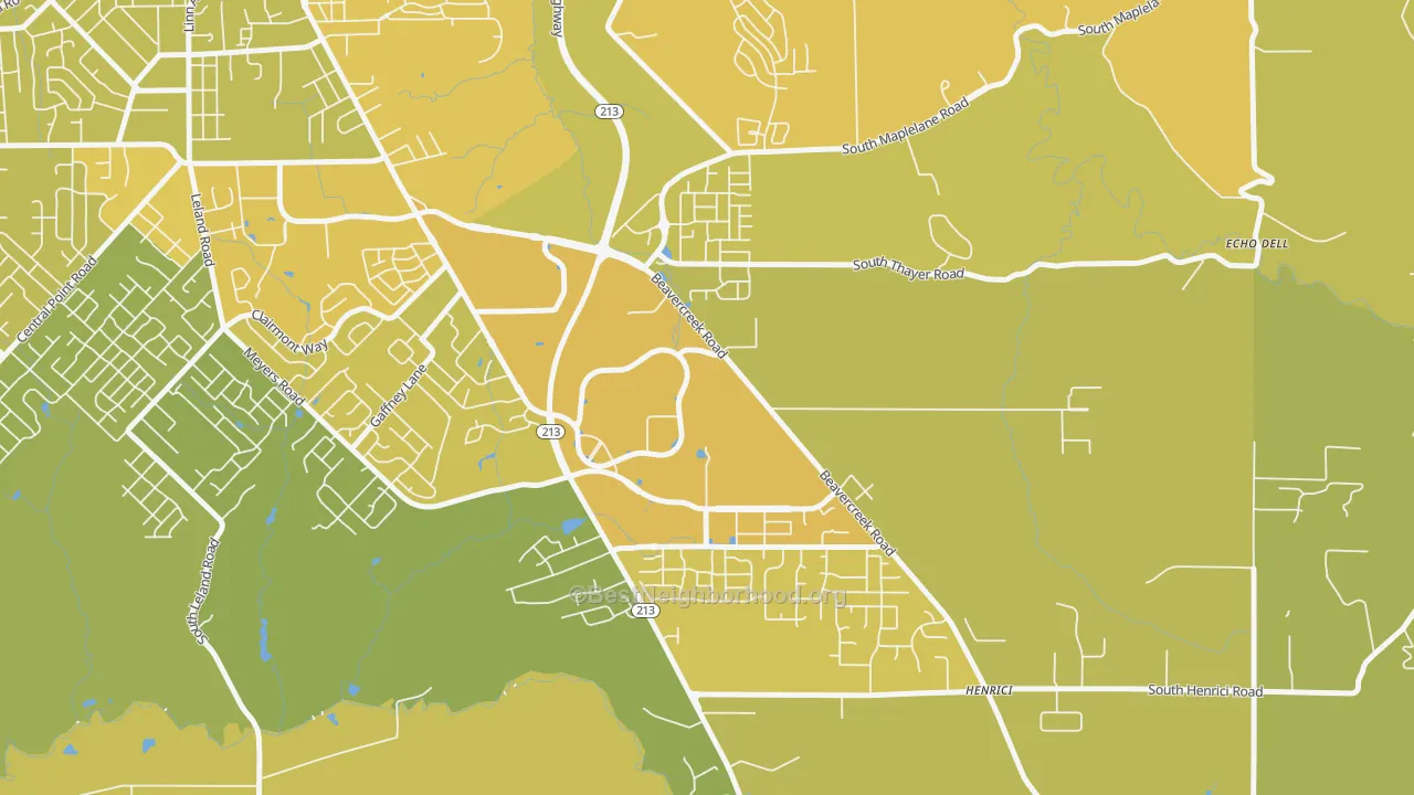 Map of the best neighborhoods in the Caufield, Oregon City area, with better matches in green and worse matches in red