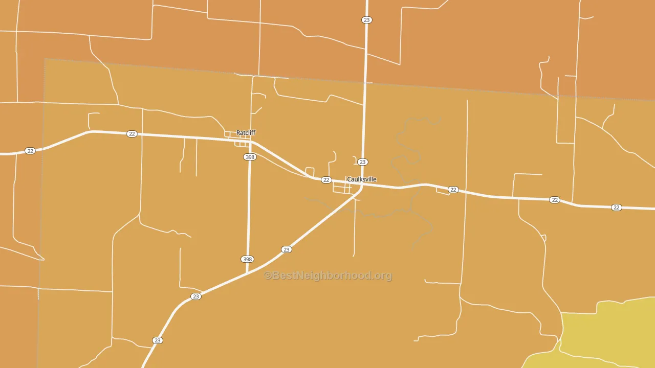 Map of the best neighborhoods in the Caulksville area, with better matches in green and worse matches in red