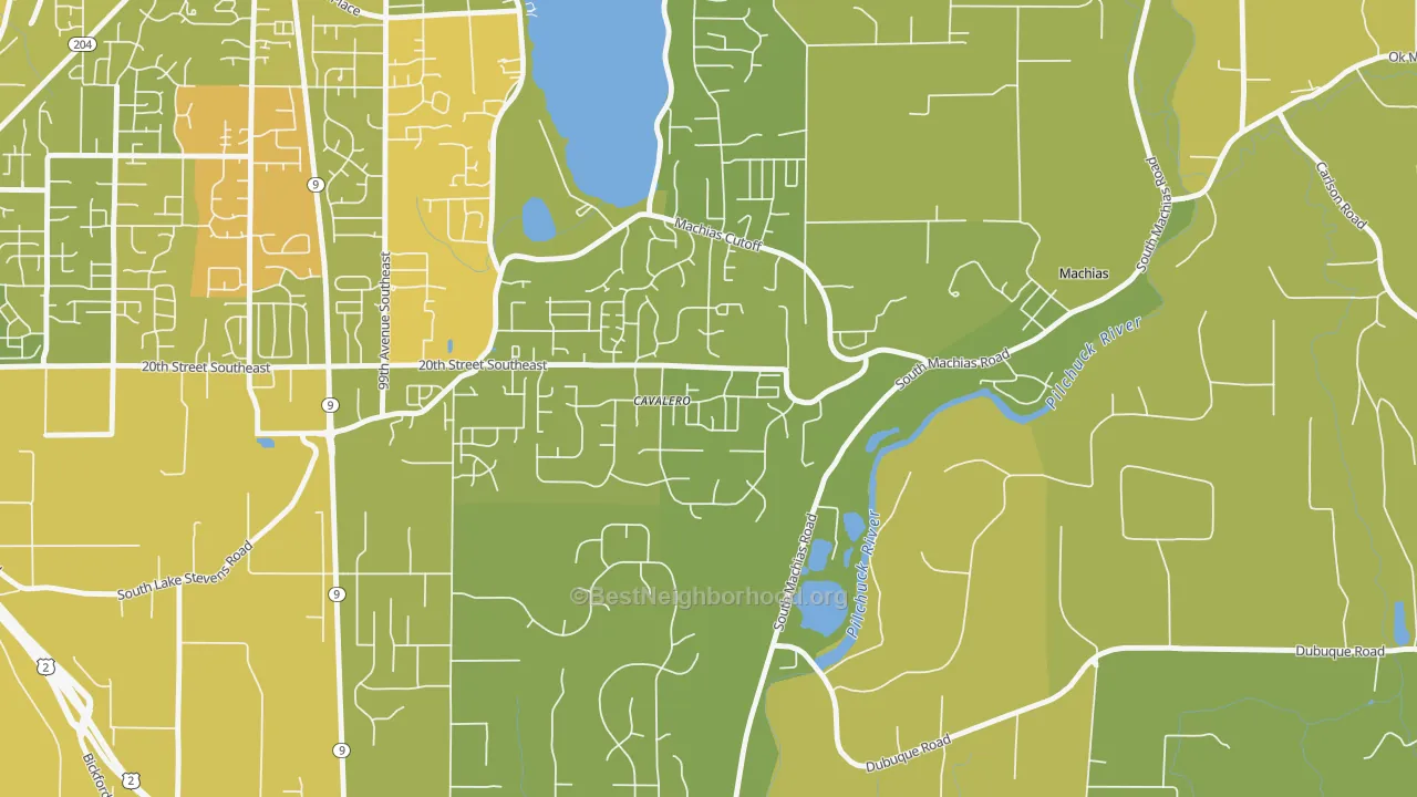 Map of the best neighborhoods in the Cavalero area, with better matches in green and worse matches in red
