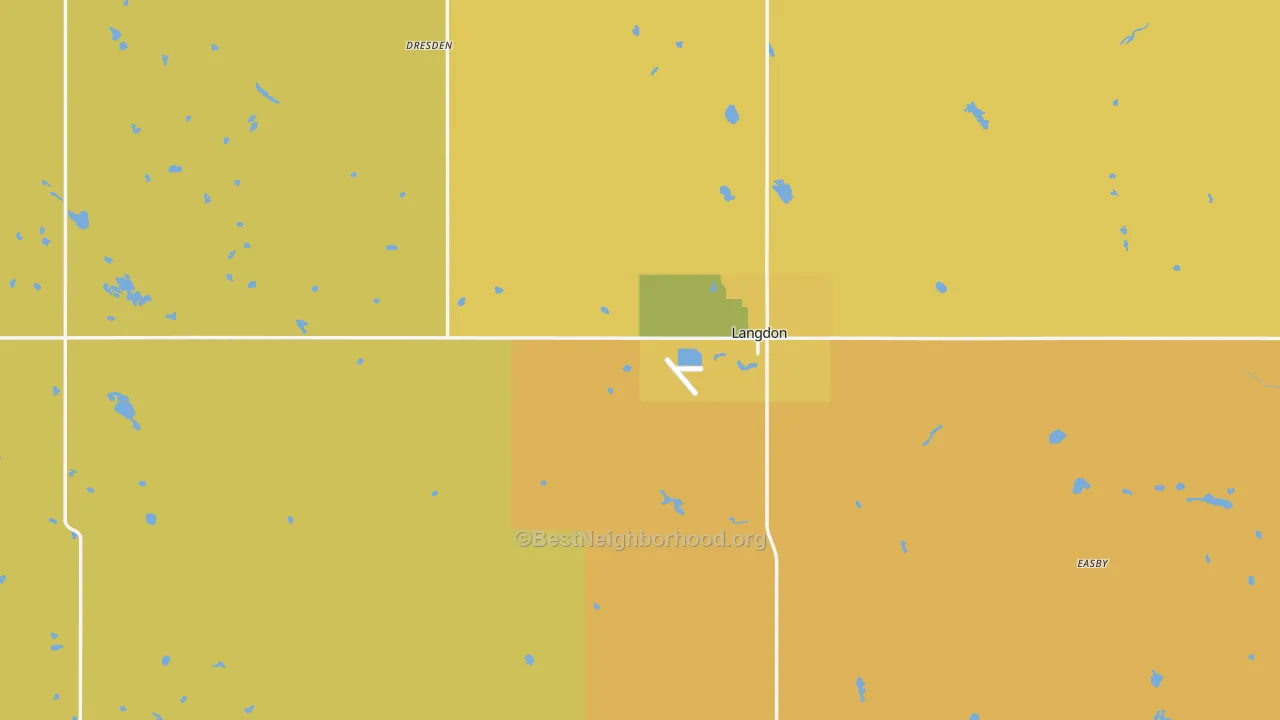 Map of the best neighborhoods in the Cavalier County area, with better matches in green and worse matches in red