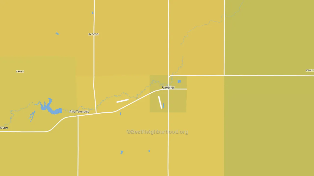Map of the best neighborhoods in the Cavalier area, with better matches in green and worse matches in red