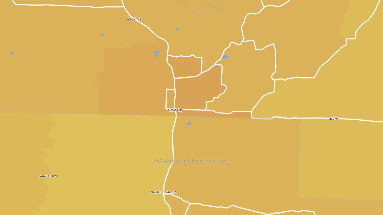 Map of the best neighborhoods in the Cave City area, with better matches in green and worse matches in red