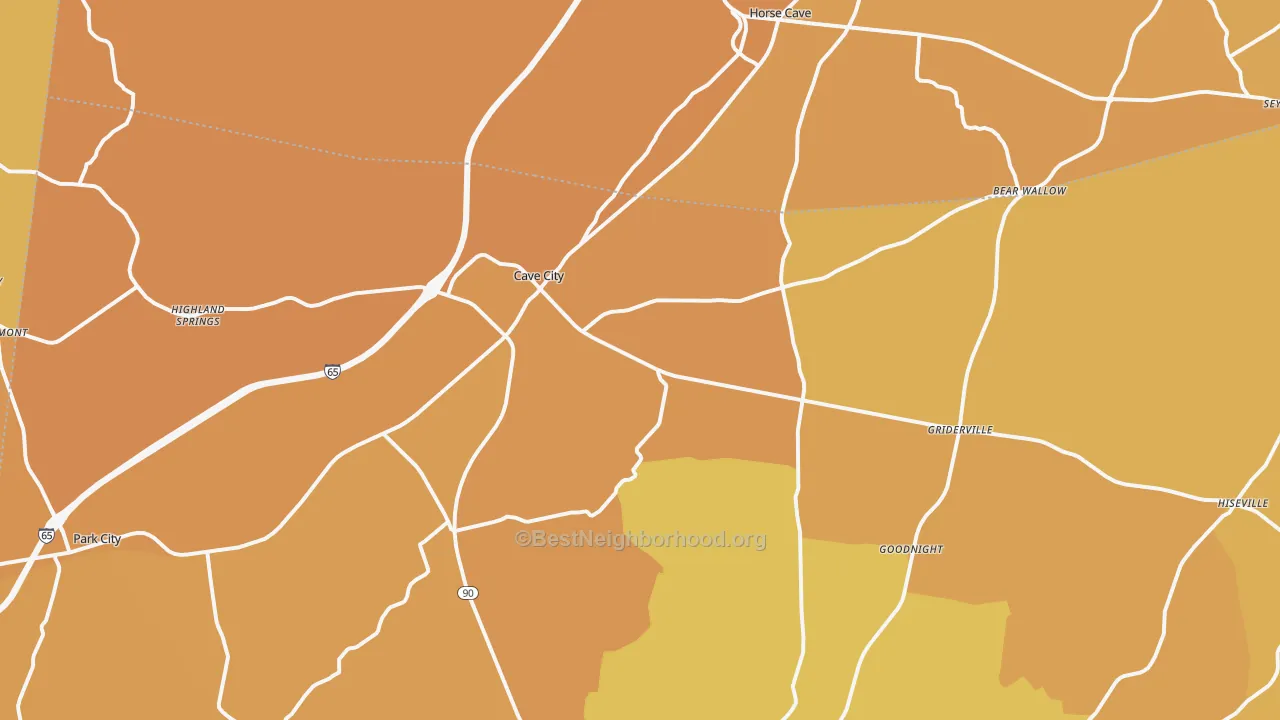 Map of the best neighborhoods in the Cave City area, with better matches in green and worse matches in red