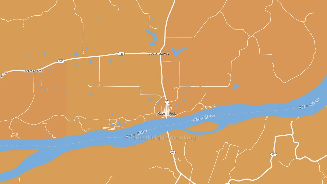 Map of the best neighborhoods in the Cave In Rock area, with better matches in green and worse matches in red