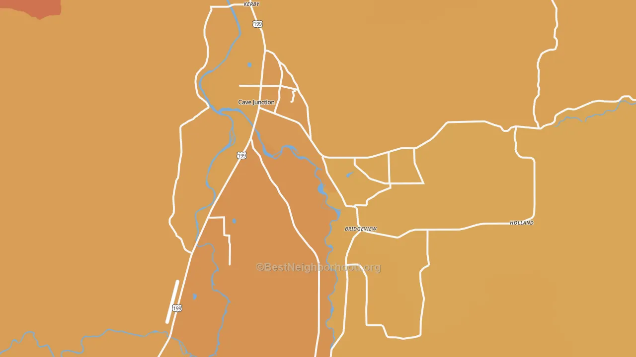 Map of the best neighborhoods in the Cave Junction area, with better matches in green and worse matches in red