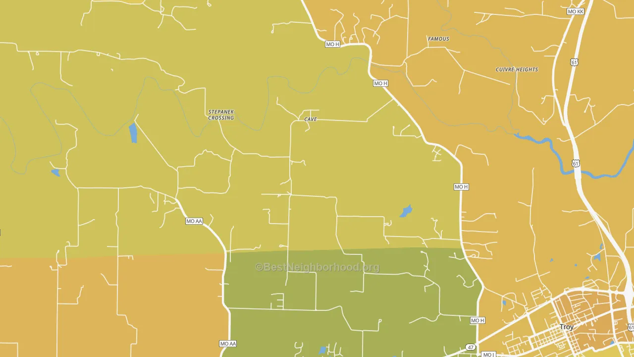 Map of the best neighborhoods in the Cave area, with better matches in green and worse matches in red
