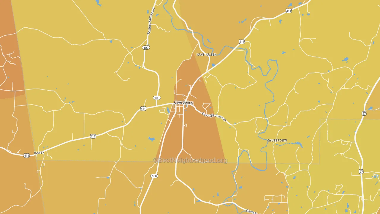 Map of the best neighborhoods in the Cave Spring area, with better matches in green and worse matches in red