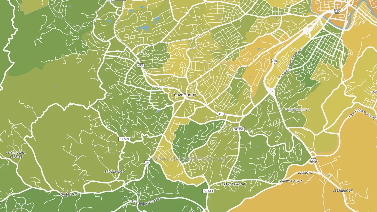Map of the best neighborhoods in the Cave Spring area, with better matches in green and worse matches in red