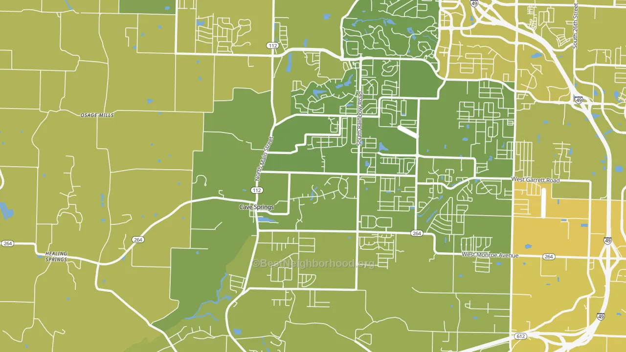 Map of the best neighborhoods in the Cave Springs area, with better matches in green and worse matches in red