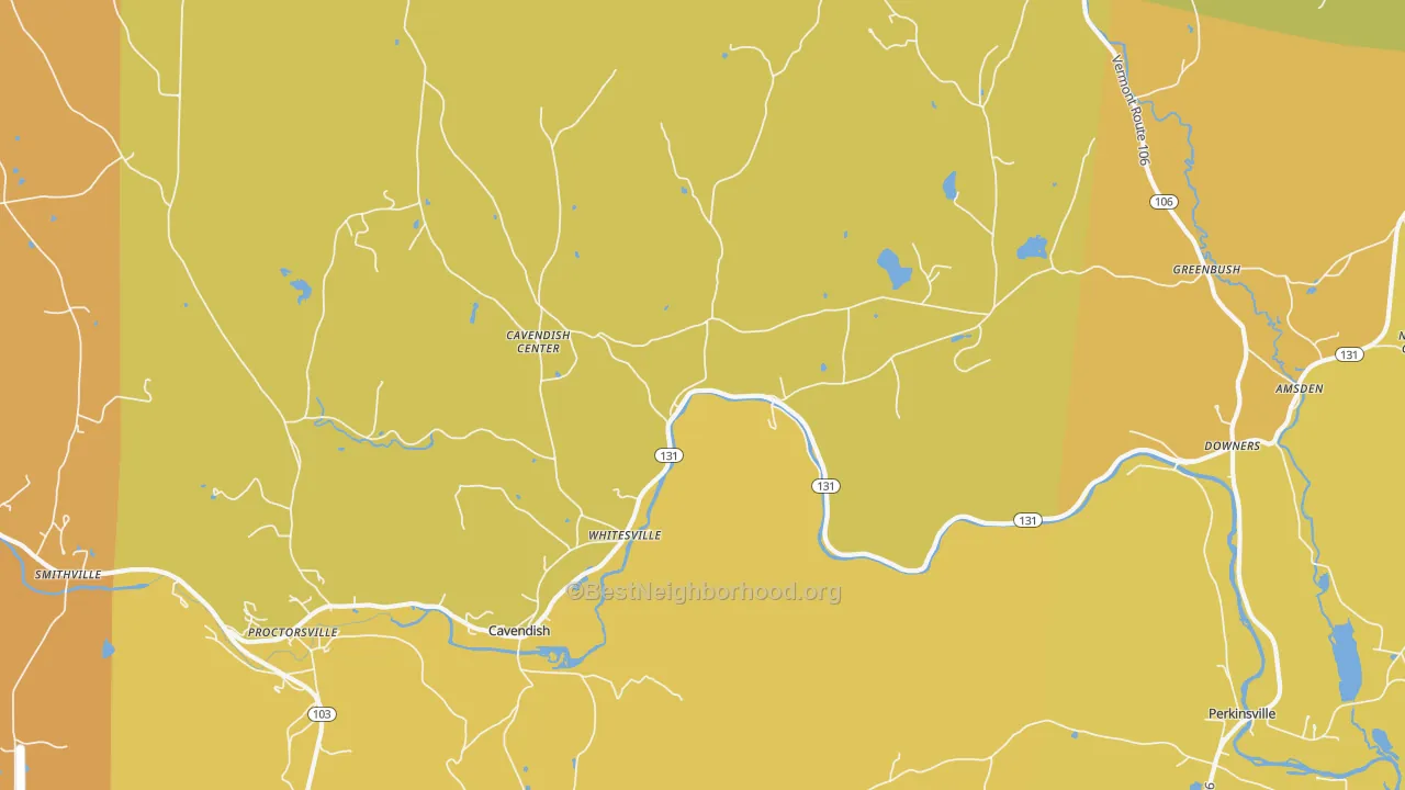 Map of the best neighborhoods in the Cavendish area, with better matches in green and worse matches in red