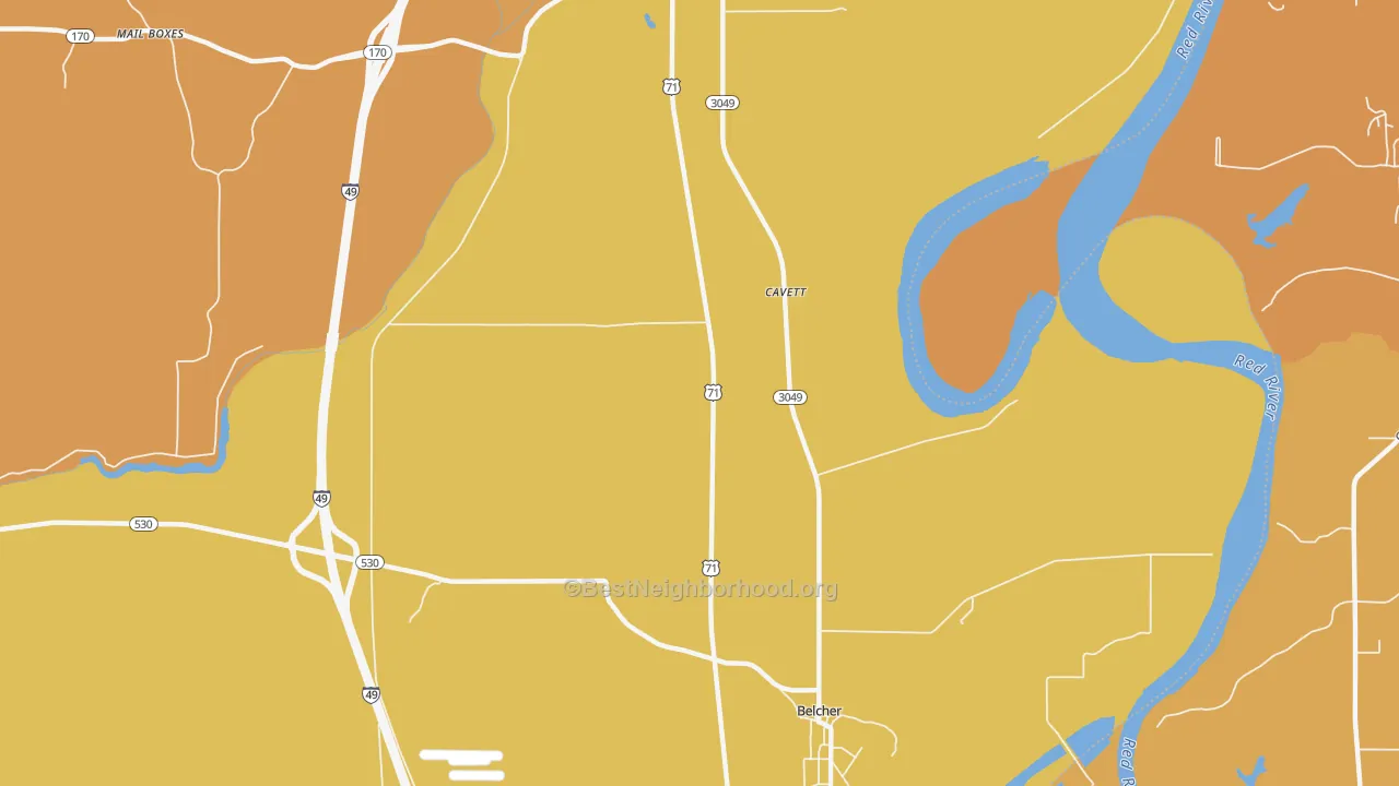 Map of the best neighborhoods in the Cavett area, with better matches in green and worse matches in red