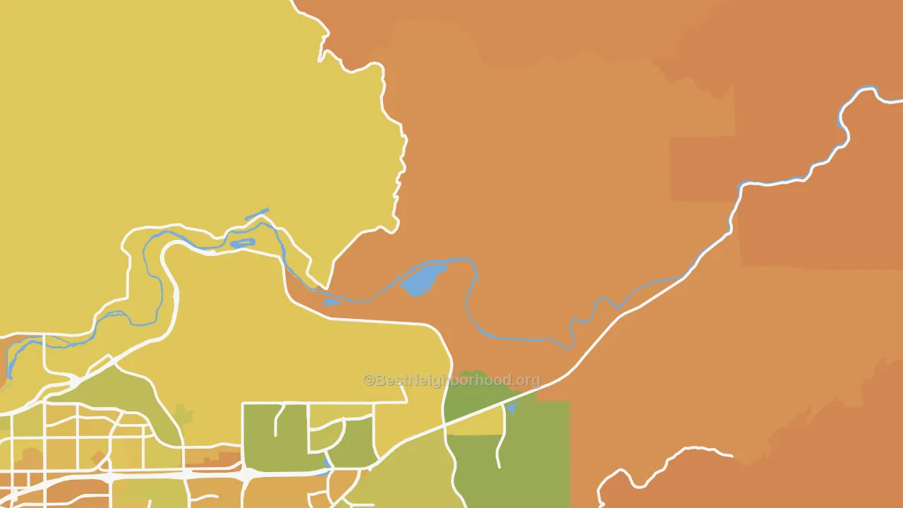 Map of the best neighborhoods in the Cawelo area, with better matches in green and worse matches in red