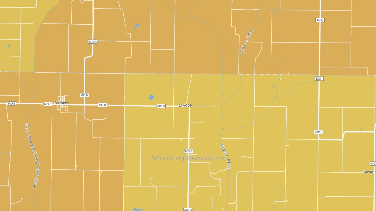 Map of the best neighborhoods in the Cawood area, with better matches in green and worse matches in red
