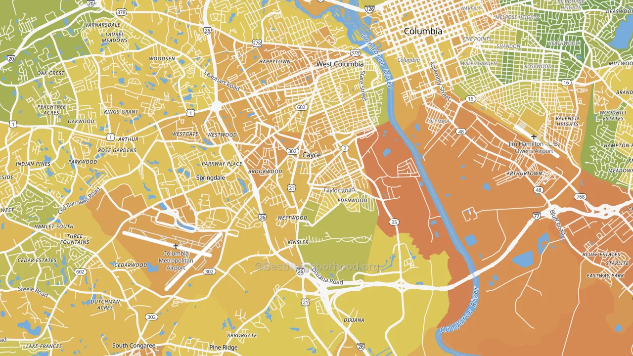 Map of the best neighborhoods in the Cayce area, with better matches in green and worse matches in red
