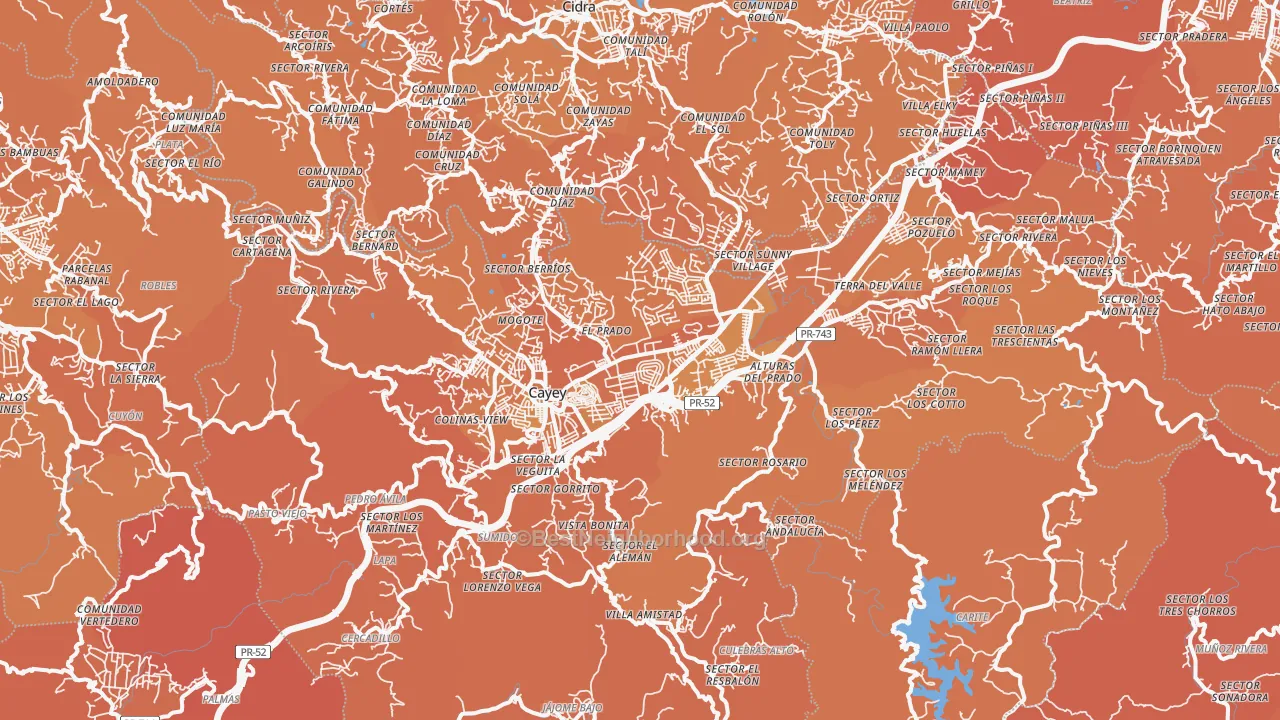 Map of the best neighborhoods in the Cayey Municipio area, with better matches in green and worse matches in red