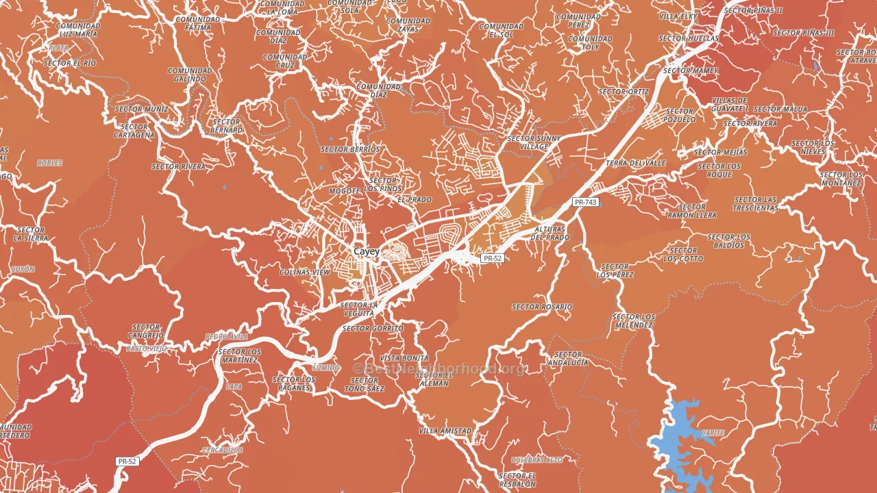 Map of the best neighborhoods in the Cayey area, with better matches in green and worse matches in red
