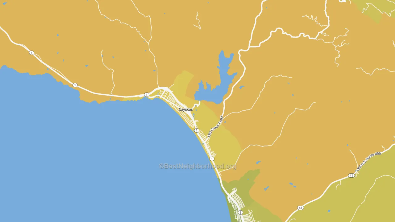Map of the best neighborhoods in the Cayucos area, with better matches in green and worse matches in red