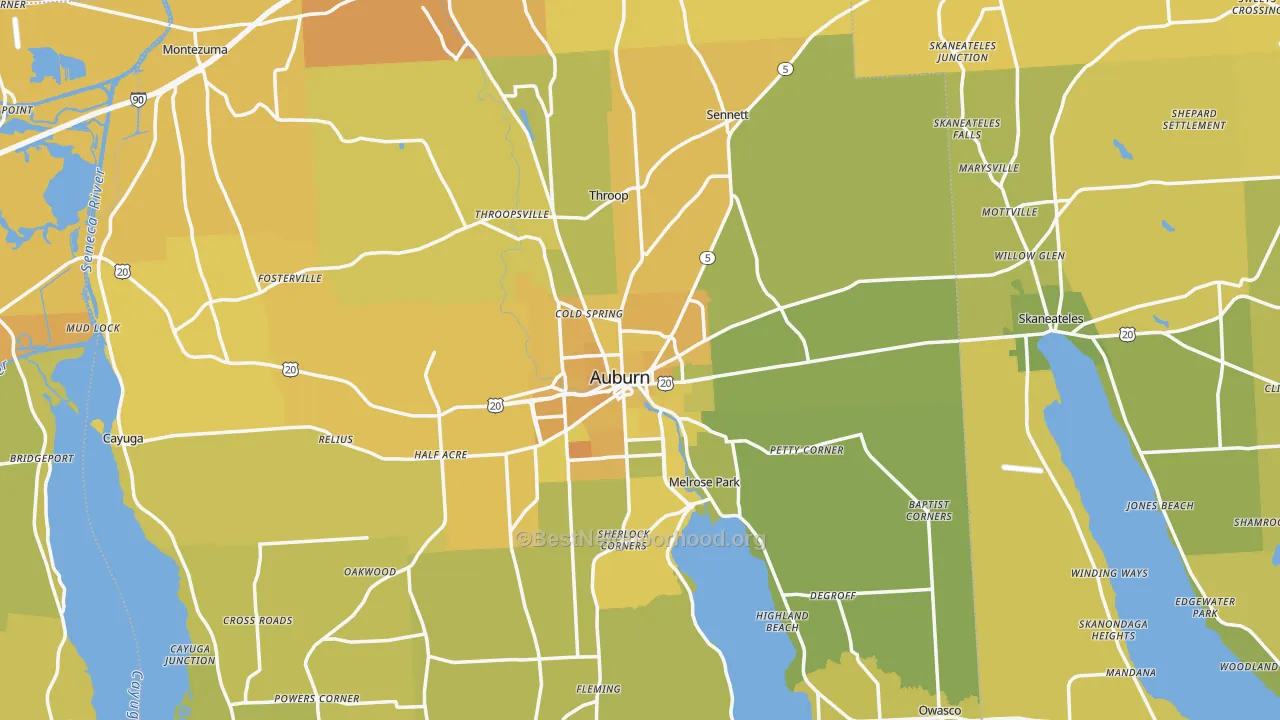 Map of the best neighborhoods in the Cayuga County area, with better matches in green and worse matches in red