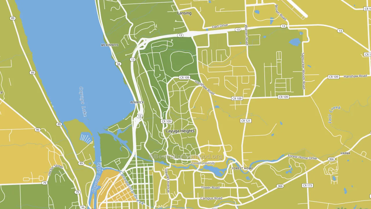 Map of the best neighborhoods in the Cayuga Heights area, with better matches in green and worse matches in red