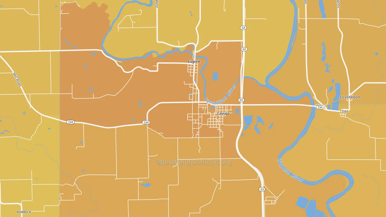 Map of the best neighborhoods in the Cayuga area, with better matches in green and worse matches in red