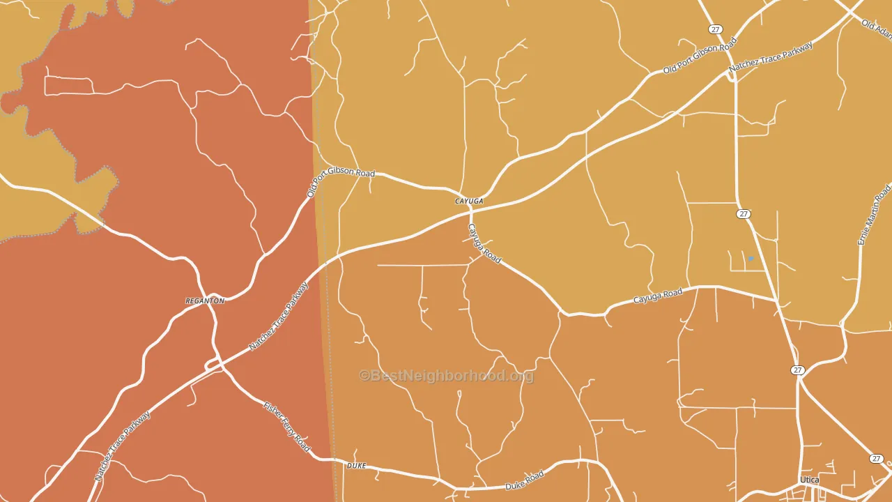 Map of the best neighborhoods in the Cayuga area, with better matches in green and worse matches in red