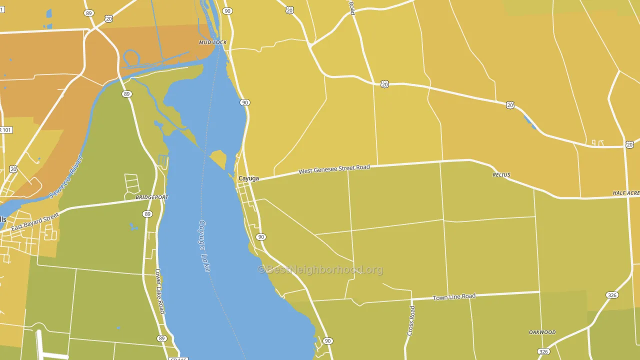 Map of the best neighborhoods in the Cayuga area, with better matches in green and worse matches in red