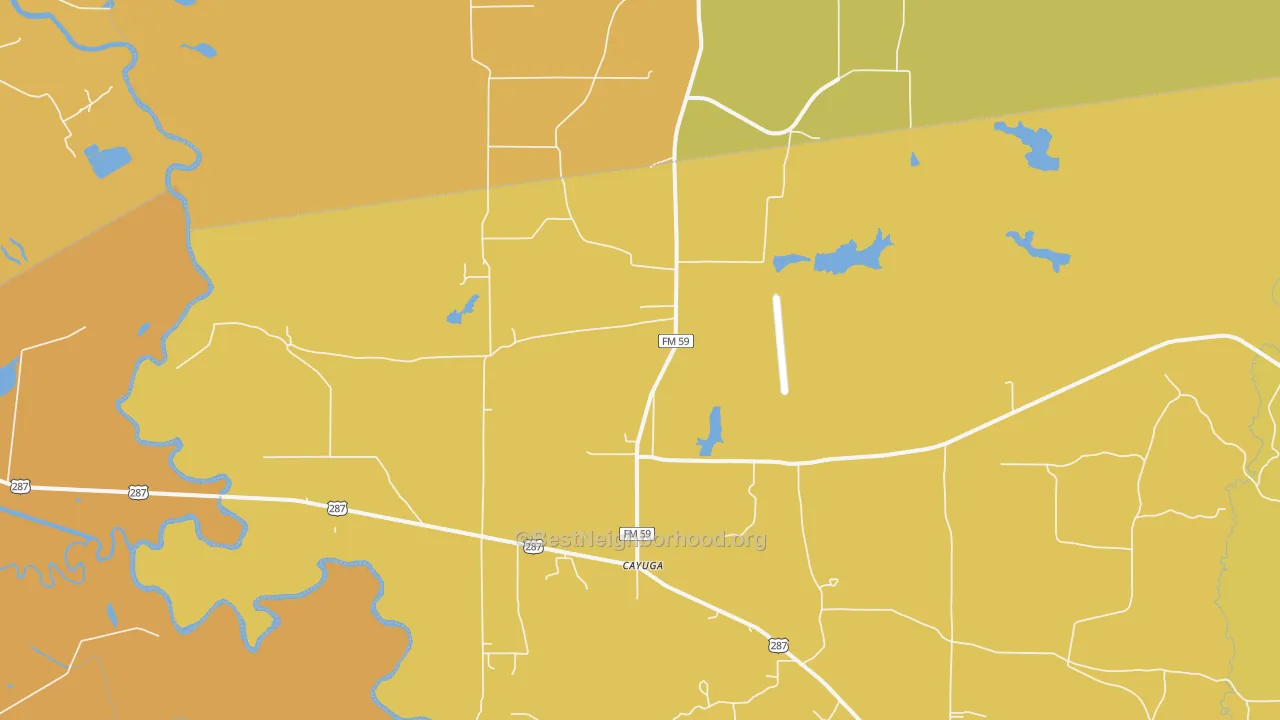 Map of the best neighborhoods in the Cayuga area, with better matches in green and worse matches in red