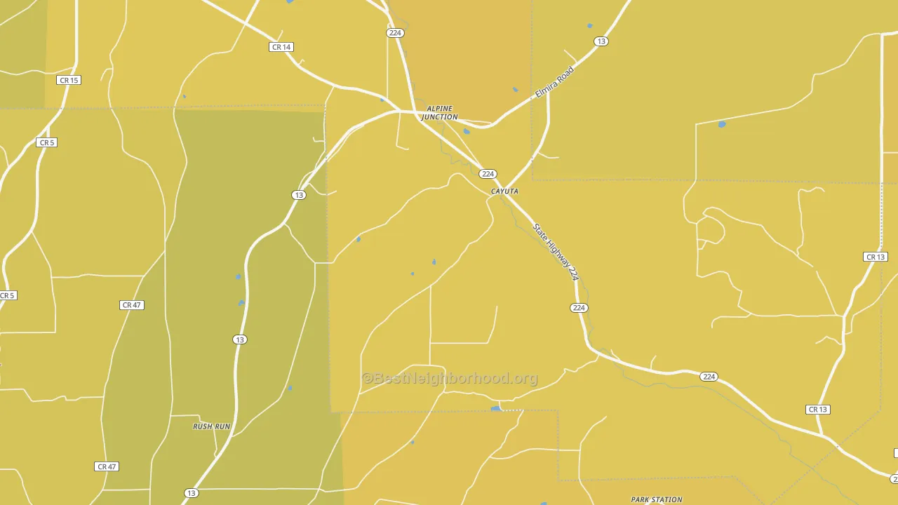 Map of the best neighborhoods in the Cayuta area, with better matches in green and worse matches in red