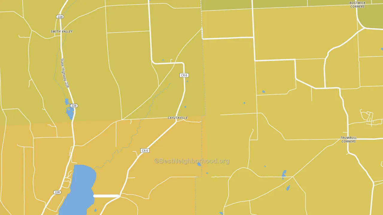 Map of the best neighborhoods in the Cayutaville area, with better matches in green and worse matches in red
