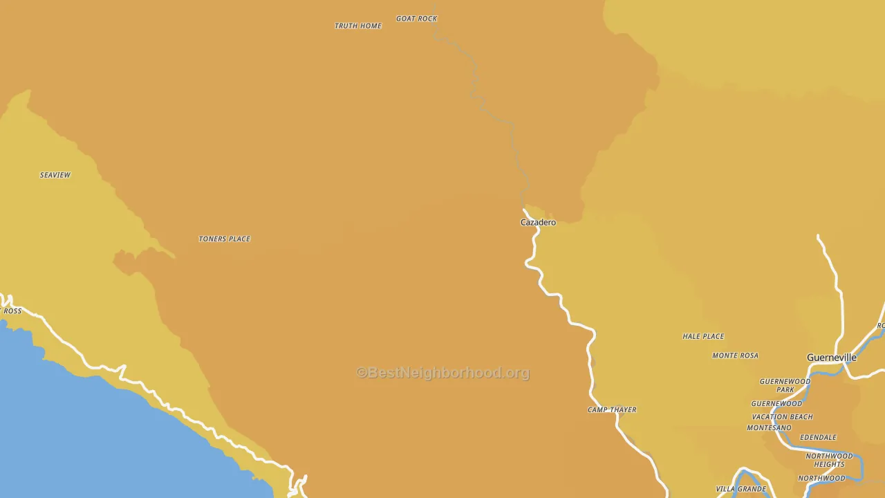 Map of the best neighborhoods in the Cazadero area, with better matches in green and worse matches in red
