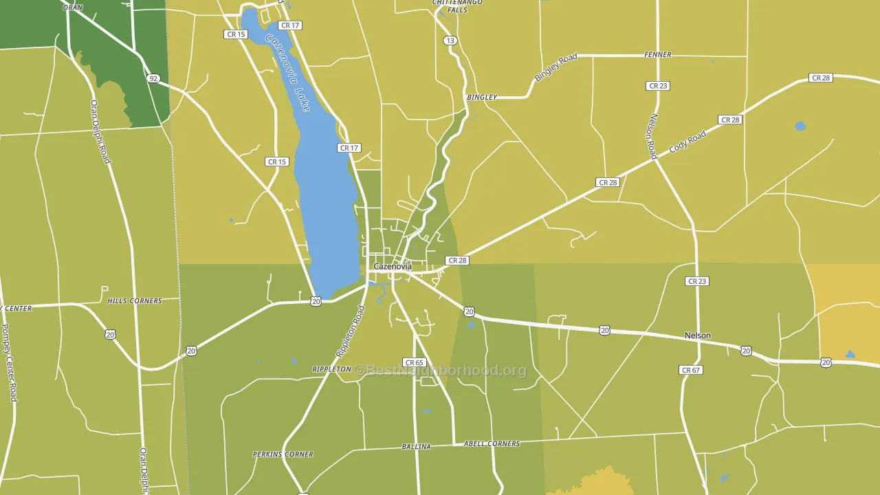 Map of the best neighborhoods in the Cazenovia area, with better matches in green and worse matches in red