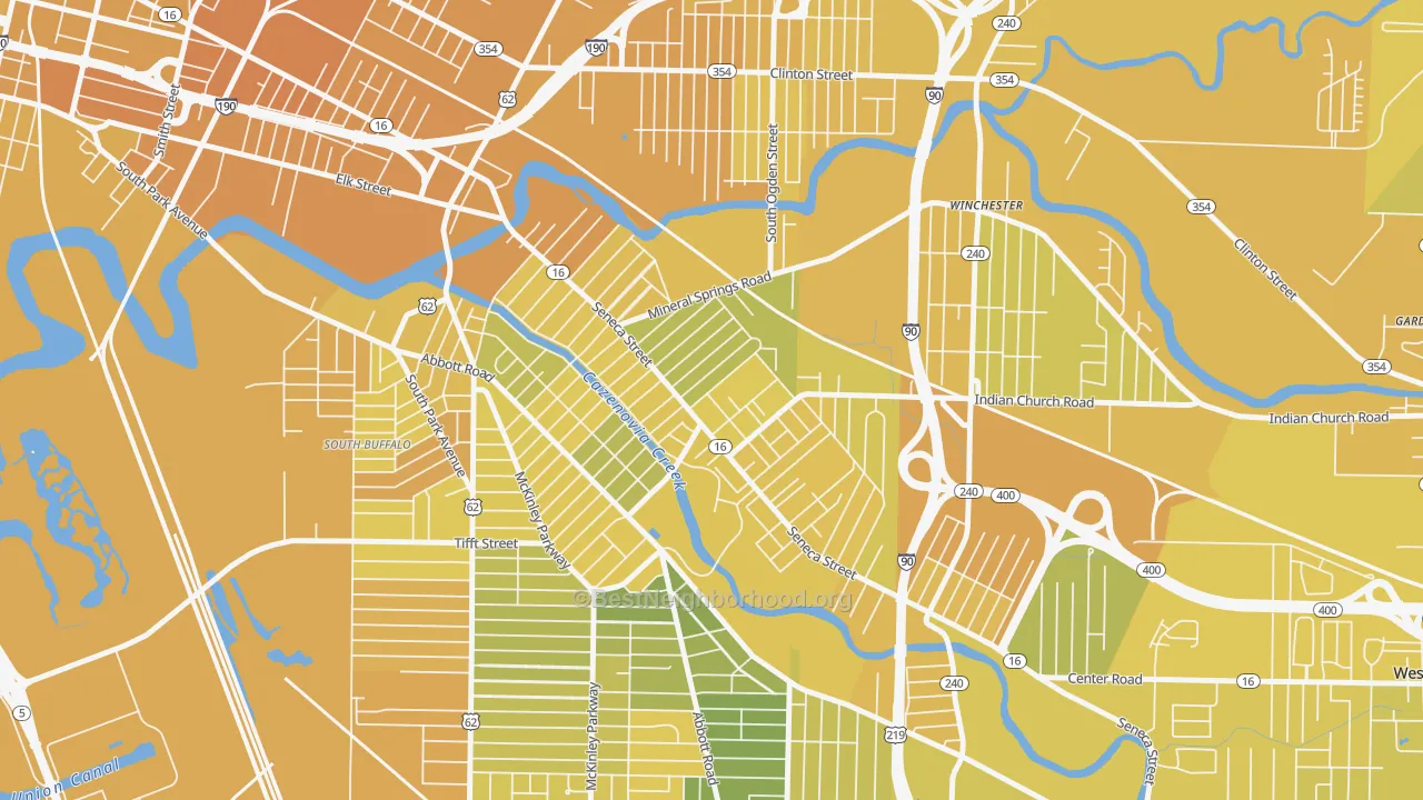 Map of the best neighborhoods in the Cazenovia Park, Buffalo area, with better matches in green and worse matches in red