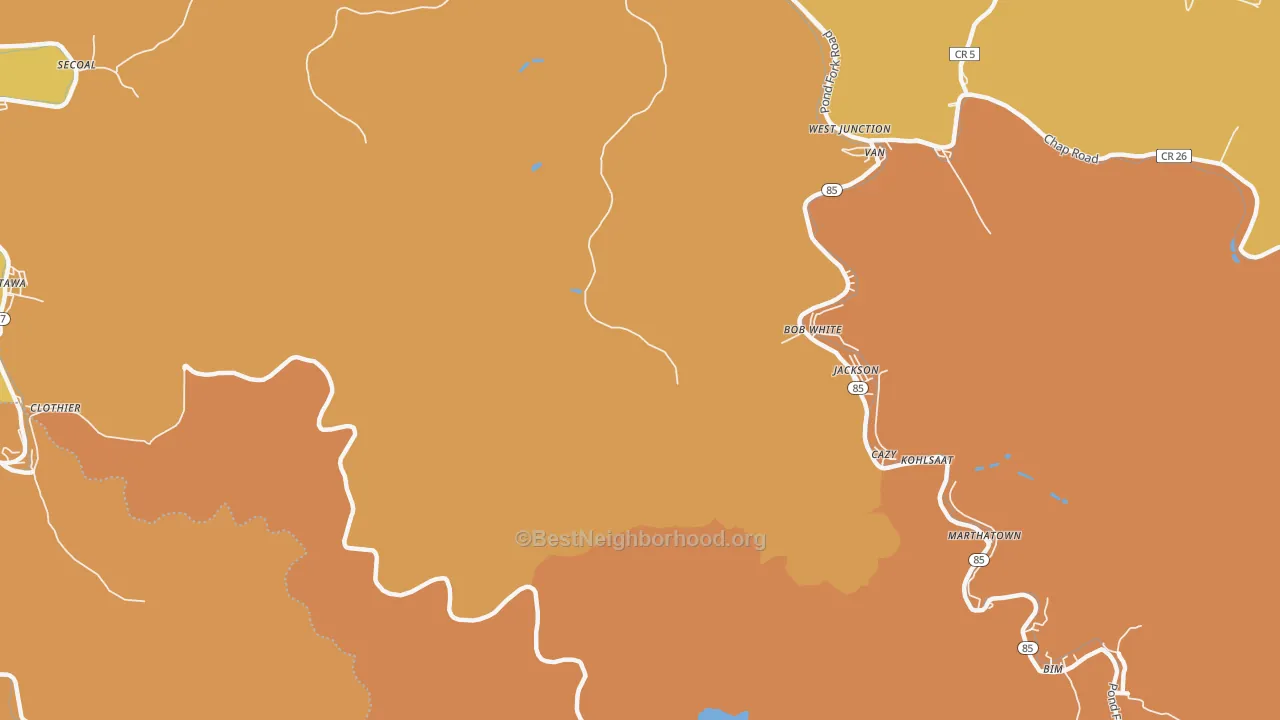 Map of the best neighborhoods in the Cazy area, with better matches in green and worse matches in red