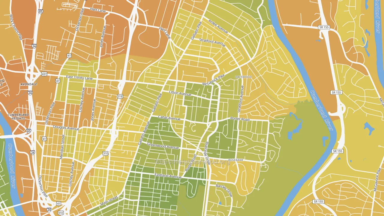 Map of the best neighborhoods in the CCSI-South Inglewood, Nashville area, with better matches in green and worse matches in red