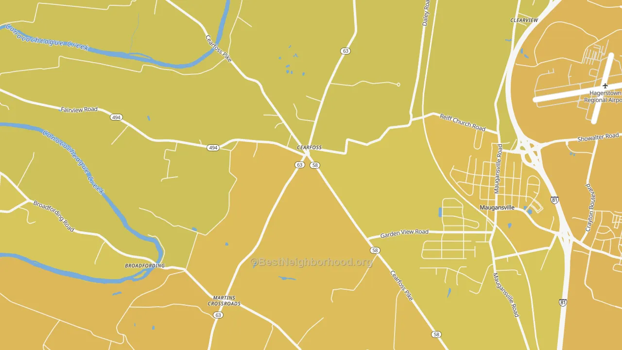 Map of the best neighborhoods in the Cearfoss area, with better matches in green and worse matches in red