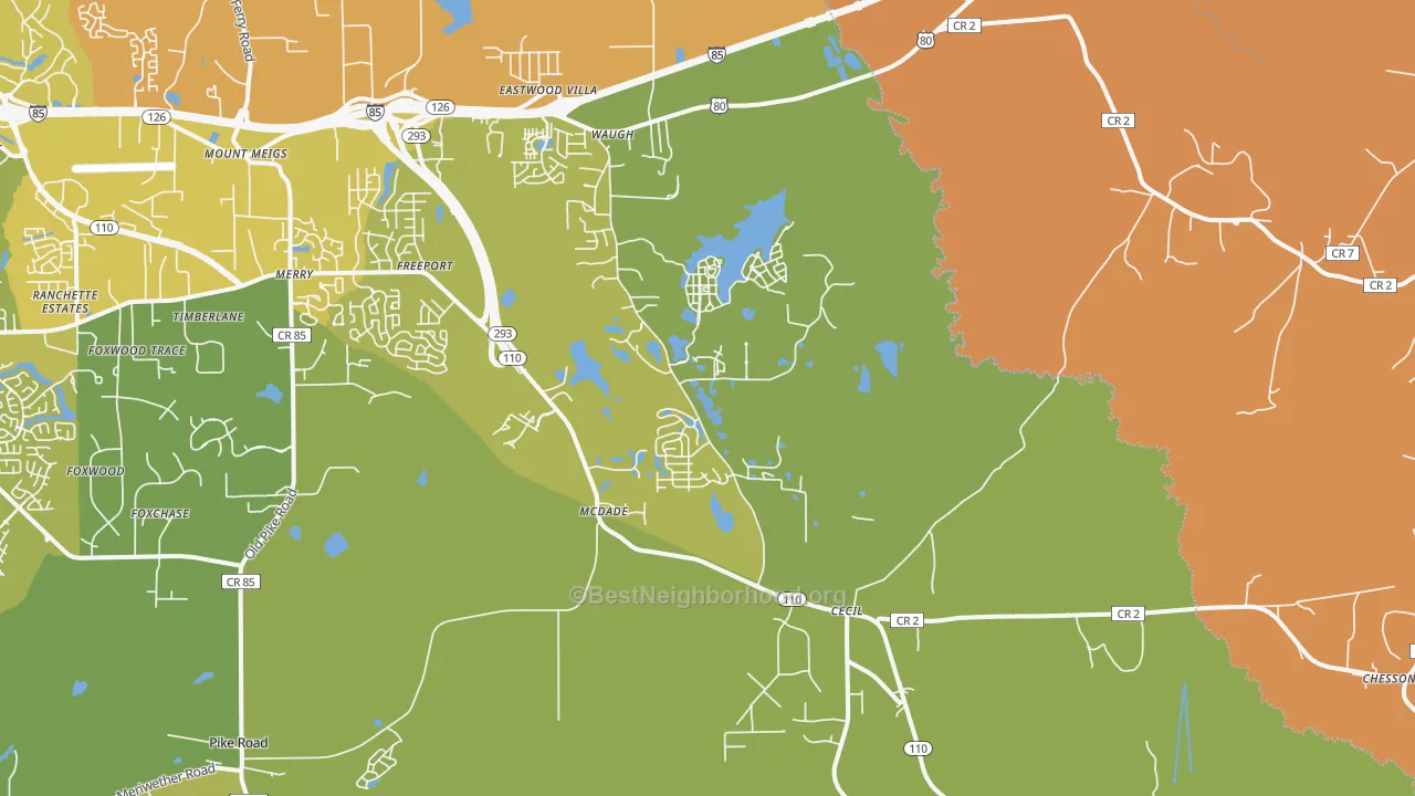 Map of the best neighborhoods in the Cecil area, with better matches in green and worse matches in red