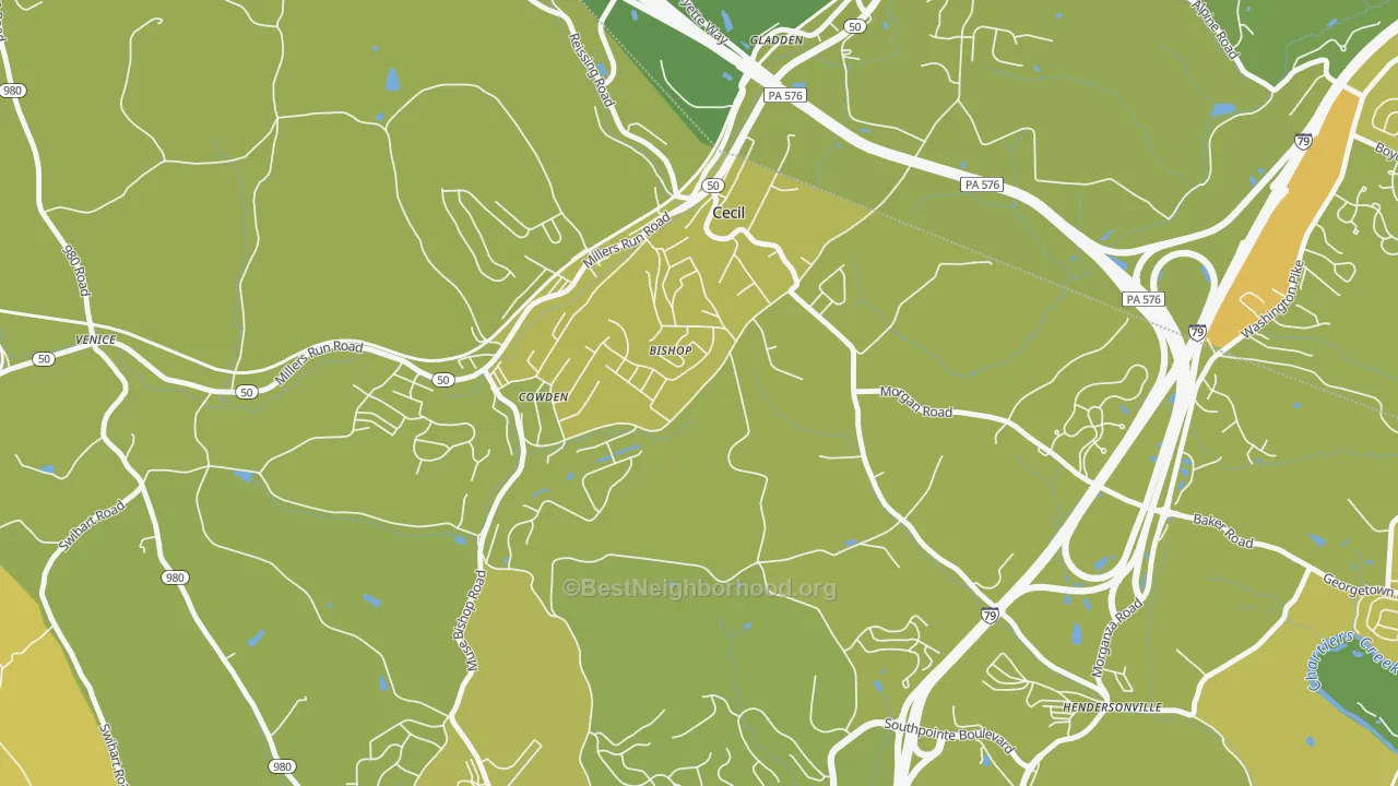 Map of the best neighborhoods in the Cecil-Bishop area, with better matches in green and worse matches in red