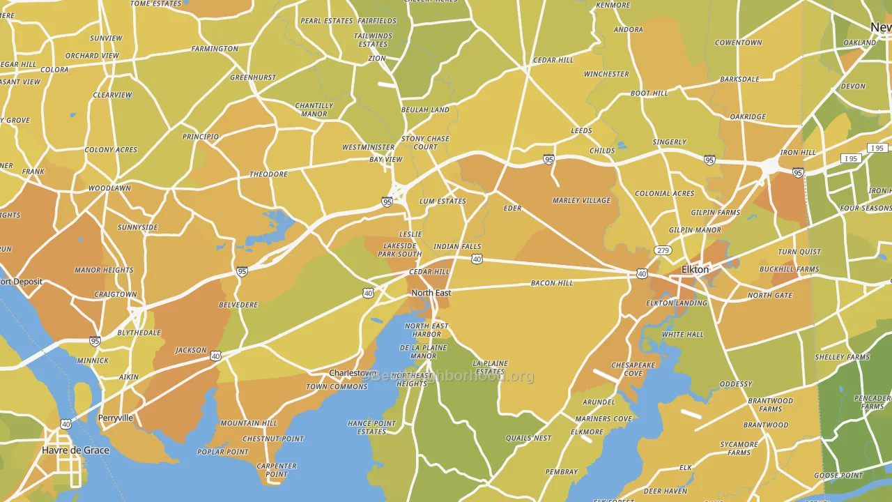 Map of the best neighborhoods in the Cecil County area, with better matches in green and worse matches in red