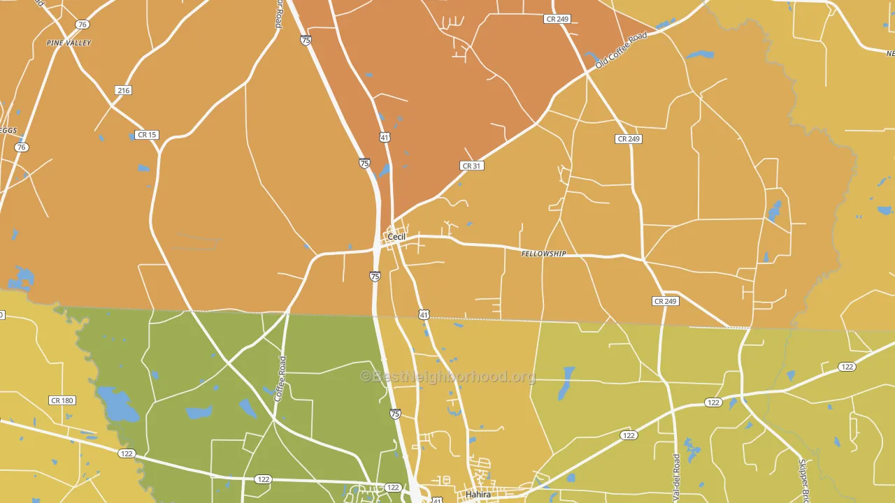 Map of the best neighborhoods in the Cecil area, with better matches in green and worse matches in red