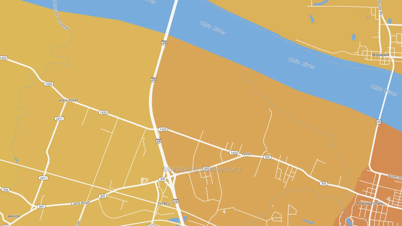 Map of the best neighborhoods in the Cecil area, with better matches in green and worse matches in red
