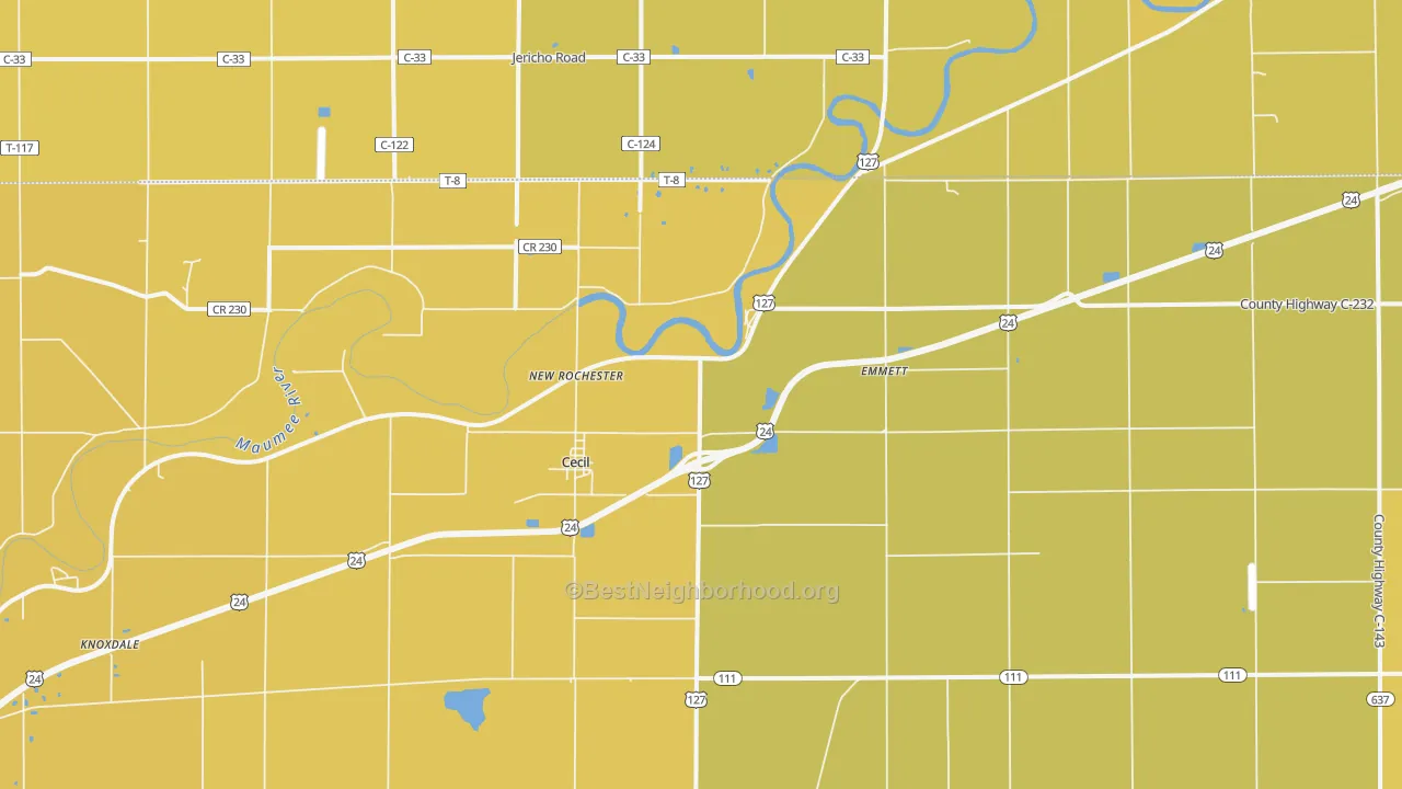 Map of the best neighborhoods in the Cecil area, with better matches in green and worse matches in red