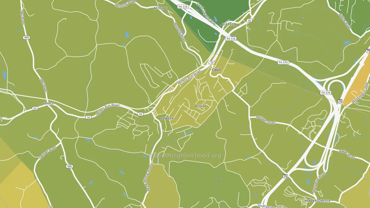 Map of the best neighborhoods in the Cecil area, with better matches in green and worse matches in red