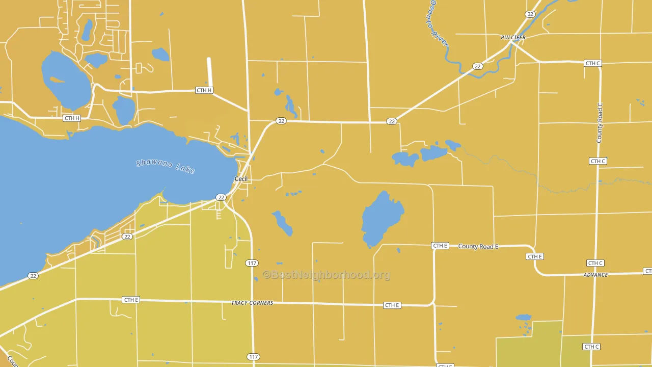 Map of the best neighborhoods in the Cecil area, with better matches in green and worse matches in red
