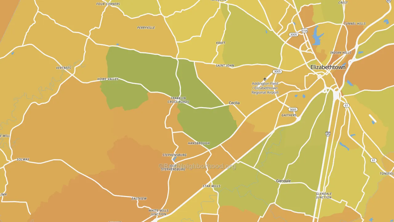 Map of the best neighborhoods in the Cecilia area, with better matches in green and worse matches in red
