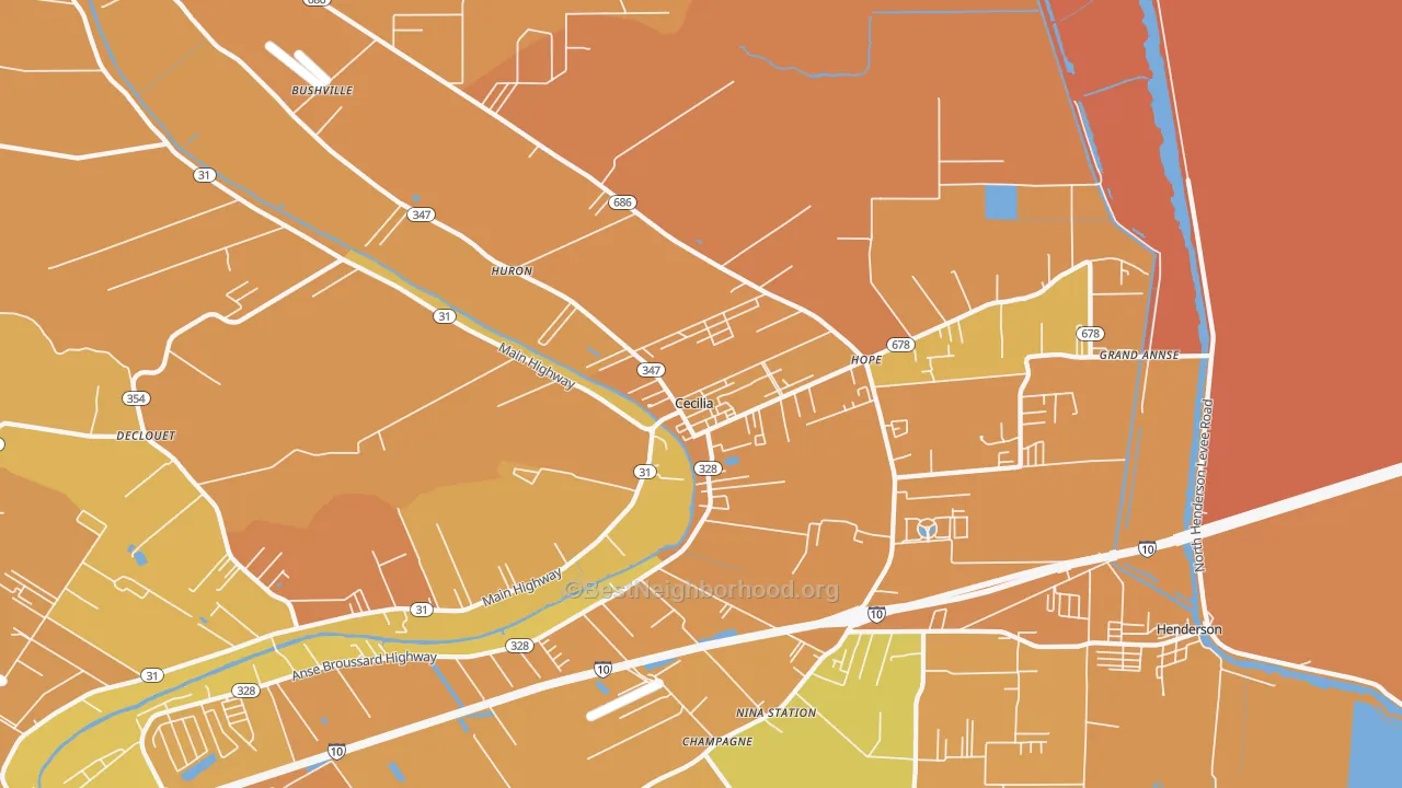 Map of the best neighborhoods in the Cecilia area, with better matches in green and worse matches in red