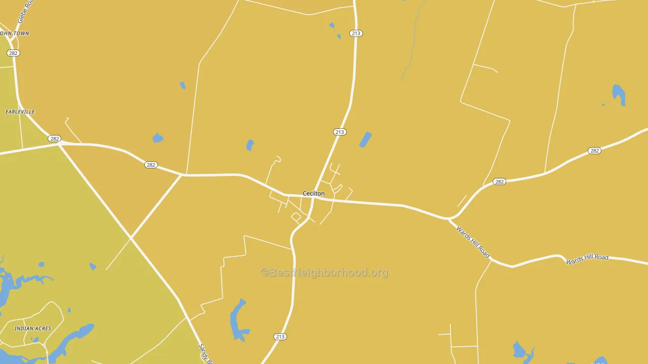 Map of the best neighborhoods in the Cecilton area, with better matches in green and worse matches in red