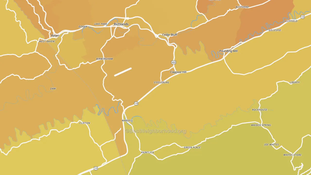 Map of the best neighborhoods in the Cedar Bluff area, with better matches in green and worse matches in red